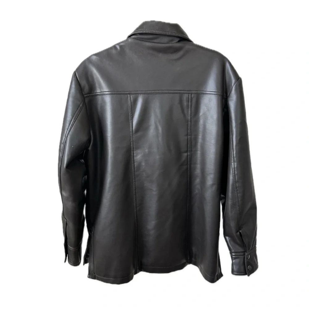 RARE! 70S CHOCOLATE BROWN VEGAN LEATHER SNAP BUTTON JACKET DAGGER COLLAR- Mens M - Picture 3 of 13